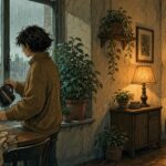 Comic-Illustration: gemütlicher Sonntagmorgen mit Kaffee am regnerischen Fenster