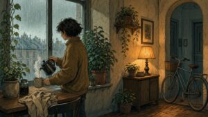 Comic-Illustration: gemütlicher Sonntagmorgen mit Kaffee am regnerischen Fenster