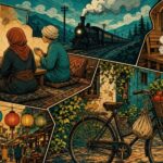 Comic-Illustration: Reisende teilen Tee, Zug, Sauna und Marktlichter als Kultur-Collage
