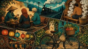 Comic-Illustration: Reisende teilen Tee, Zug, Sauna und Marktlichter als Kultur-Collage