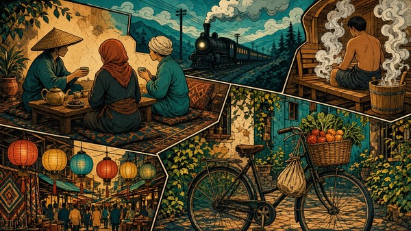 Comic-Illustration: Reisende teilen Tee, Zug, Sauna und Marktlichter als Kultur-Collage