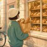 Comic-Illustration: gemütliche Bäckerei am hellen Morgen mit warmer Brötchentüte