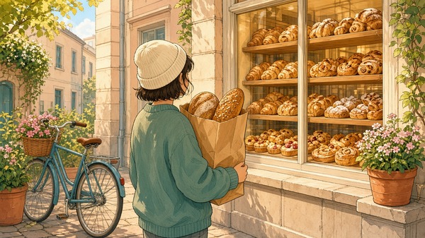 Comic-Illustration: gemütliche Bäckerei am hellen Morgen mit warmer Brötchentüte