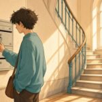 Comic-Illustration: helles Treppenhaus mit Person am Briefkasten
