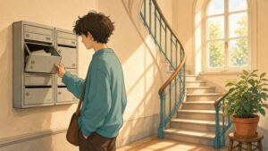Comic-Illustration: helles Treppenhaus mit Person am Briefkasten