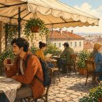 Comic-Illustration: sonnige Café-Terrasse mit Reisenden und Tassen