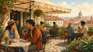 Comic-Illustration: sonnige Café-Terrasse mit Reisenden und Tassen