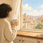 Comic-Illustration: heller Küchenmorgen mit Person und Kaffee am Fenster