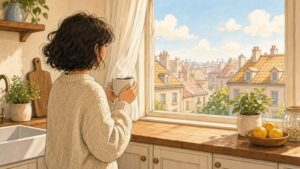 Comic-Illustration: heller Küchenmorgen mit Person und Kaffee am Fenster