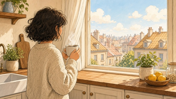 Comic-Illustration: heller Küchenmorgen mit Person und Kaffee am Fenster
