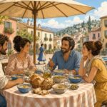 Comic-Illustration: sonniger Mittagstisch auf einem freundlichen Platz