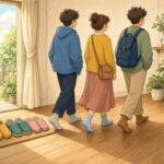 Comic-Illustration: freundlicher Hauseingang mit Schuhen und Gästen in Socken