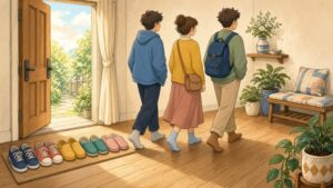 Comic-Illustration: freundlicher Hauseingang mit Schuhen und Gästen in Socken