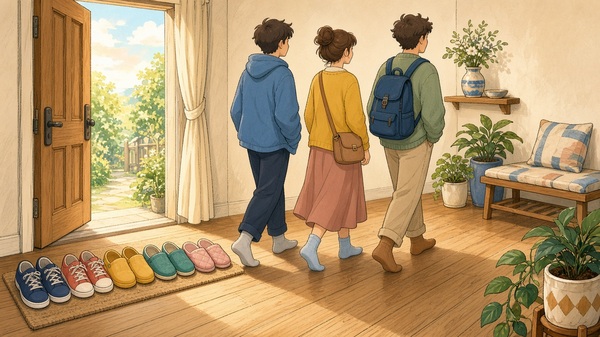 Comic-Illustration: freundlicher Hauseingang mit Schuhen und Gästen in Socken