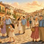 Comic-Illustration: sonnige Altstadtgasse im Süden, Familien und Paare schlendern beim Abendspaziergang