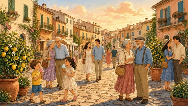 Comic-Illustration: sonnige Altstadtgasse im Süden, Familien und Paare schlendern beim Abendspaziergang