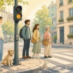 Comic-Illustration: sonnige Straßenecke, Menschen und ein Hund warten entspannt an der Fußgängerampel
