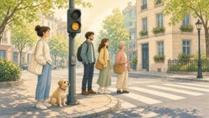 Comic-Illustration: sonnige Straßenecke, Menschen und ein Hund warten entspannt an der Fußgängerampel