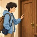 Comic-Illustration: heller Flur, Gast klopft freundlich an die Tür bevor er eintritt
