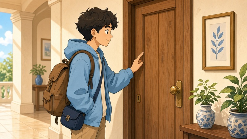 Comic-Illustration: heller Flur, Gast klopft freundlich an die Tür bevor er eintritt