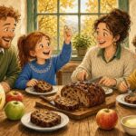 Comic-Illustration: fröhliche irische Familie am Küchentisch schneidet ein Rosinenbrot an, ein lachendes Mädchen hält einen kleinen Ring hoch, daneben eine geschnitzte Rübenlaterne und Äpfel