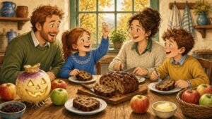 Comic-Illustration: fröhliche irische Familie am Küchentisch schneidet ein Rosinenbrot an, ein lachendes Mädchen hält einen kleinen Ring hoch, daneben eine geschnitzte Rübenlaterne und Äpfel