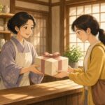 Comic-Illustration: heller japanischer Laden am Nachmittag, eine Verkäuferin überreicht ein Geschenk mit beiden Händen, die Kundin nimmt es mit beiden Händen entgegen, warmes Sonnenlicht