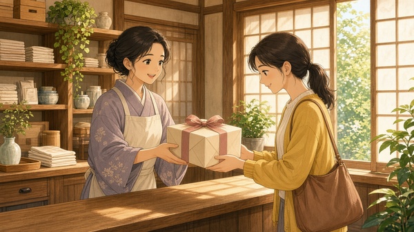 Comic-Illustration: heller japanischer Laden am Nachmittag, eine Verkäuferin überreicht ein Geschenk mit beiden Händen, die Kundin nimmt es mit beiden Händen entgegen, warmes Sonnenlicht