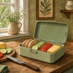 Comic-Illustration: helle gemütliche Küche am Abend, offene Brotdose auf der Theke, frisches Brot und Gemüse, warme Lampenlichtstimmung, freundliche Alltagsszene
