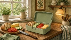 Comic-Illustration: helle gemütliche Küche am Abend, offene Brotdose auf der Theke, frisches Brot und Gemüse, warme Lampenlichtstimmung, freundliche Alltagsszene