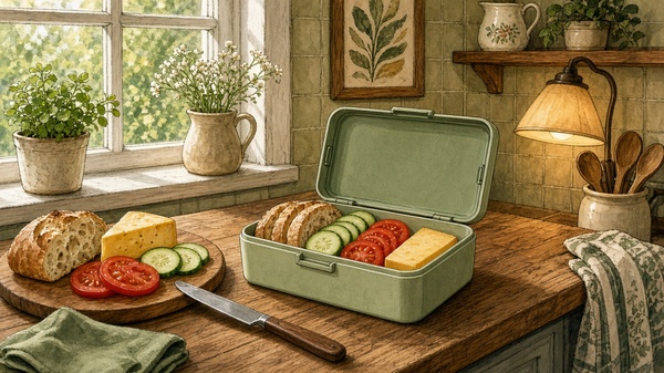 Comic-Illustration: helle gemütliche Küche am Abend, offene Brotdose auf der Theke, frisches Brot und Gemüse, warme Lampenlichtstimmung, freundliche Alltagsszene