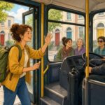 Comic-Illustration: heller Stadtbus in Dublin, eine Reisende mit Rucksack winkt beim Aussteigen dem lächelnden Busfahrer zu