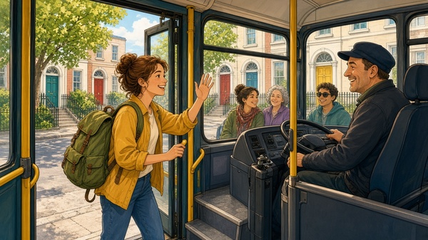 Comic-Illustration: heller Stadtbus in Dublin, eine Reisende mit Rucksack winkt beim Aussteigen dem lächelnden Busfahrer zu