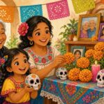 Comic-Illustration: fröhliche mexikanische Familie schmückt einen bunten Gabentisch mit orangen Studentenblumen, Kerzen, Fotos und verzierten Zuckerschädeln
