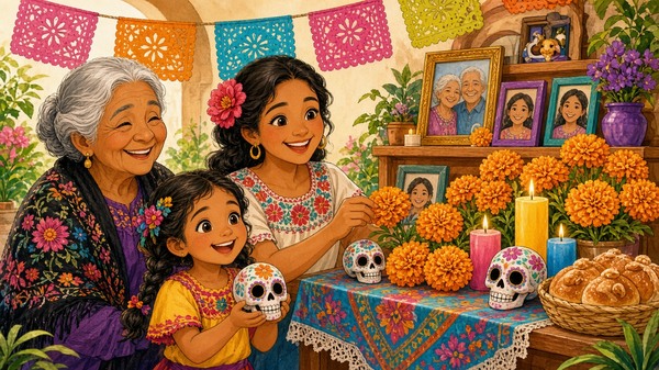 Comic-Illustration: fröhliche mexikanische Familie schmückt einen bunten Gabentisch mit orangen Studentenblumen, Kerzen, Fotos und verzierten Zuckerschädeln