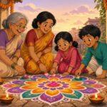 Comic-Illustration: fröhliche indische Familie legt vor der Haustür ein buntes Rangoli, umgeben von leuchtenden Diya-Öllampen und Ringelblumengirlanden
