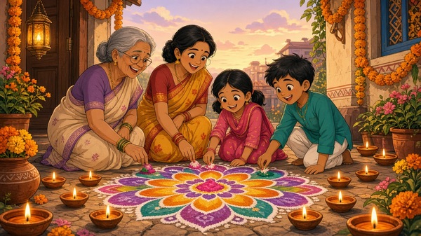 Comic-Illustration: fröhliche indische Familie legt vor der Haustür ein buntes Rangoli, umgeben von leuchtenden Diya-Öllampen und Ringelblumengirlanden