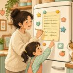 Comic-Illustration: helle Küche am Morgen, Mutter und Kind ergänzen die Einkaufsliste am Kühlschrank, eine Katze schaut zu