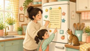 Comic-Illustration: helle Küche am Morgen, Mutter und Kind ergänzen die Einkaufsliste am Kühlschrank, eine Katze schaut zu