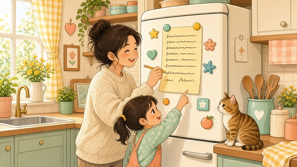 Comic-Illustration: helle Küche am Morgen, Mutter und Kind ergänzen die Einkaufsliste am Kühlschrank, eine Katze schaut zu