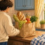 Comic-Illustration: helle Küche, Einkaufstasche landet freundlich auf der Theke