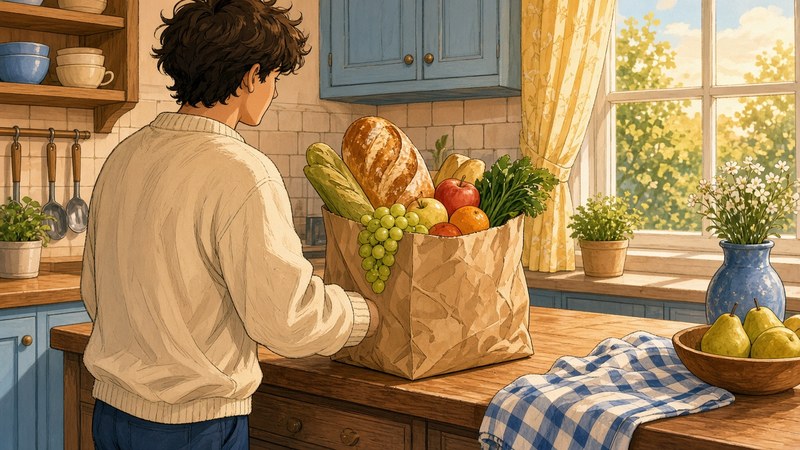 Comic-Illustration: helle Küche, Einkaufstasche landet freundlich auf der Theke