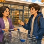 Comic-Illustration: lächelnde Frau mit Einkaufswagen und fröhlicher junger Mann mit Münze vor einem sonnigen Supermarkt im Herbst