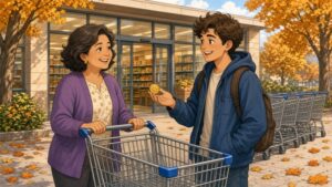 Comic-Illustration: lächelnde Frau mit Einkaufswagen und fröhlicher junger Mann mit Münze vor einem sonnigen Supermarkt im Herbst
