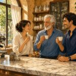 Comic-Illustration: sonnige italienische Kaffeebar am Morgen, Menschen trinken freundlich Espresso stehend an einer hellen Marmortheke, Tassen und Espressomaschine, warmes Tageslicht