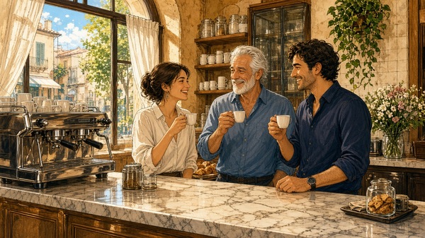 Comic-Illustration: sonnige italienische Kaffeebar am Morgen, Menschen trinken freundlich Espresso stehend an einer hellen Marmortheke, Tassen und Espressomaschine, warmes Tageslicht
