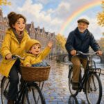 Comic-Illustration: lächelnde Frau in gelber Regenjacke mit winkendem Kind im Fahrradkorb und ein fröhlicher älterer Mann radeln an einer Gracht mit Herbstbäumen und Regenbogen