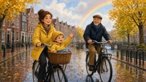 Comic-Illustration: lächelnde Frau in gelber Regenjacke mit winkendem Kind im Fahrradkorb und ein fröhlicher älterer Mann radeln an einer Gracht mit Herbstbäumen und Regenbogen