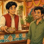 Comic-Illustration: helles indisches Restaurant mit Ringelblumengirlanden, ein lächelnder Kellner bietet zwei fröhlichen Gästen eine Messingschale mit bunten Fenchelsamen an