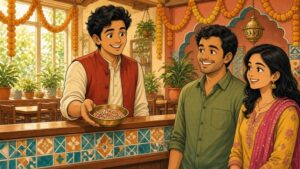 Comic-Illustration: helles indisches Restaurant mit Ringelblumengirlanden, ein lächelnder Kellner bietet zwei fröhlichen Gästen eine Messingschale mit bunten Fenchelsamen an